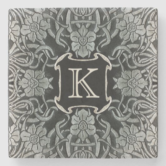  Rozen en lelies in zwart monogram Stenen Onderzetter (Voorkant)