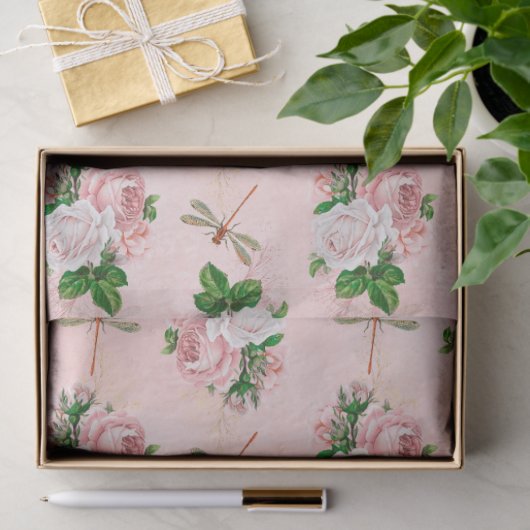 Rozen en libellen (ontwerp 2) tissuepapier (Geschenk)