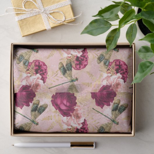Rozen en libellen (ontwerp 4) tissuepapier (Geschenk)