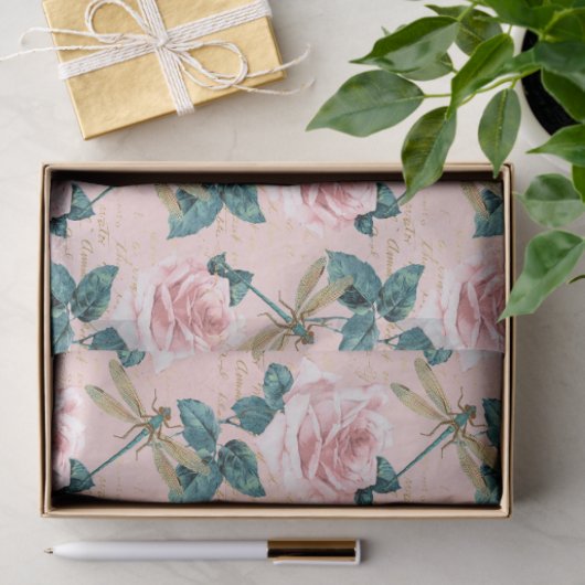 Rozen en libellen (ontwerp 6) tissuepapier (Geschenk)