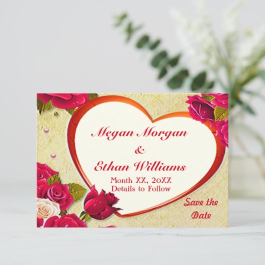 Rozen en Lijst hart opslaan Datum kleine platte Ka Save The Date (Staand voorkant)