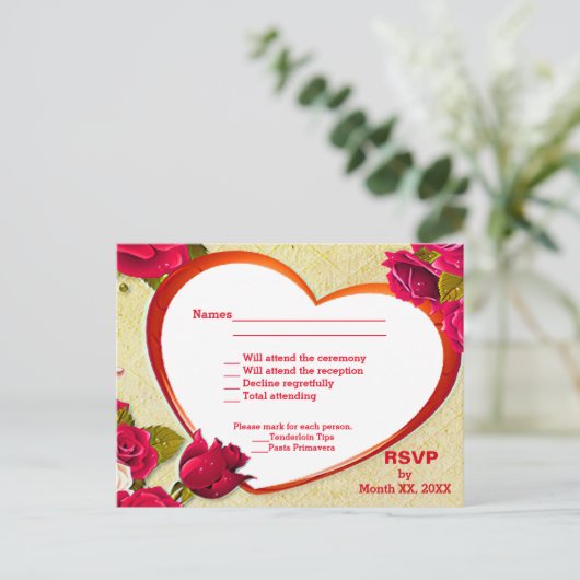Rozen en Lijst van hart RSVP en menu-Briefkaart Uitnodiging Briefkaart (Staand voorkant)