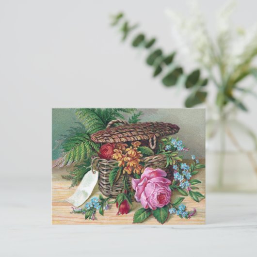 Rozen en meststoffen in mandje,  Victoriaans Briefkaart (Staand voorkant)