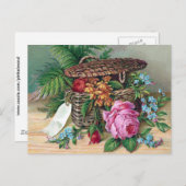 Rozen en meststoffen in mandje,  Victoriaans Briefkaart (Voorkant / Achterkant)