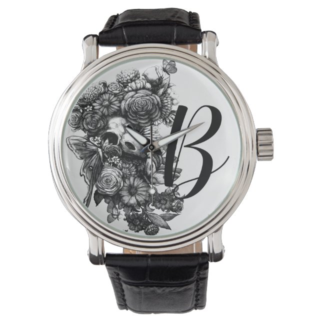Rozen en molen - zwart monogram horloge (Voorkant)