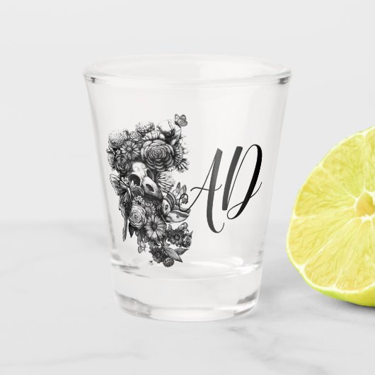 Rozen en molen - zwart monogram shot glas (Voorkant)