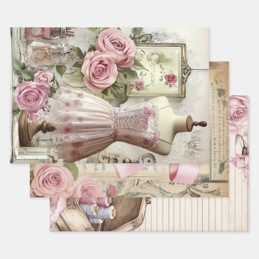 Rozen en naaien Ephemera Pattern Inpakpapier Vel (Set)