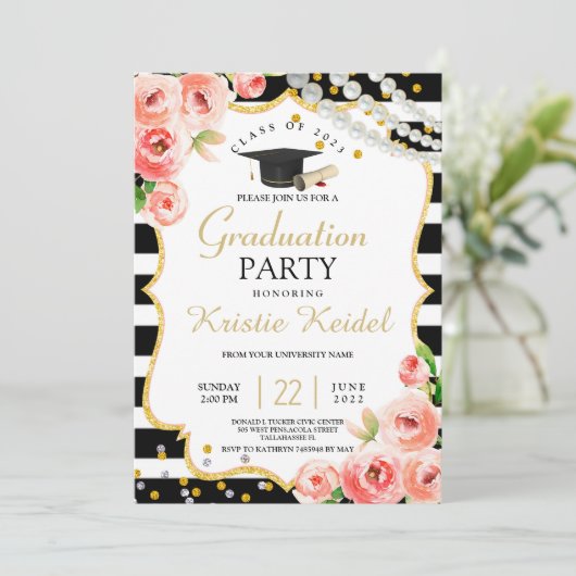 Rozen- en Perl Graduation Party Kaart (Staand voorkant)