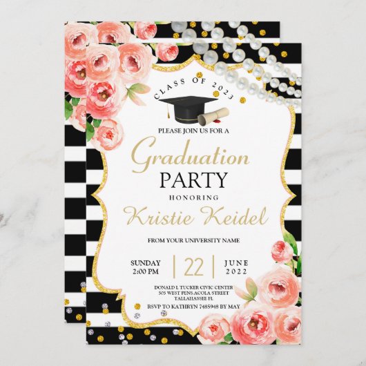 Rozen- en Perl Graduation Party Kaart (Voorkant / Achterkant)