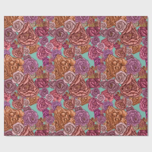 Rozen en pinda's met handgetekende bloem op munt cadeaupapier (Vlak)