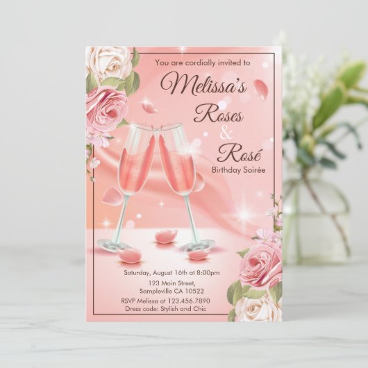 Rozen en rosé uitnodiging (Staand voorkant)