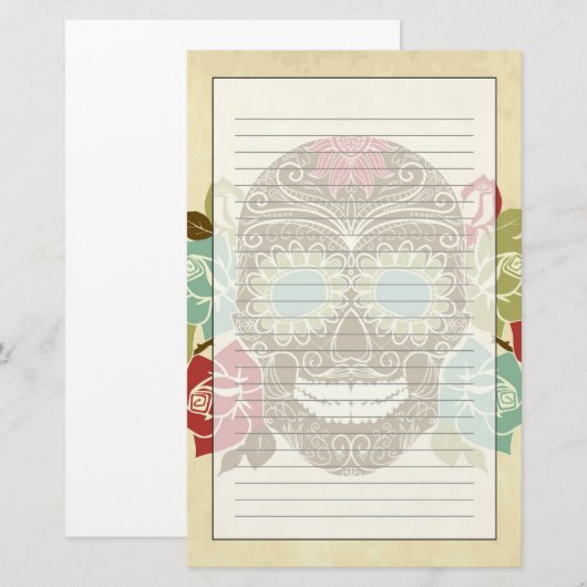 Rozen en schedel, kleurrijke dag van de dode kaart (Voorkant / Achterkant)