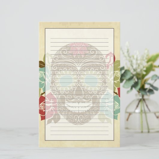 Rozen en schedel, kleurrijke dag van de dode kaart (Staand voorkant)