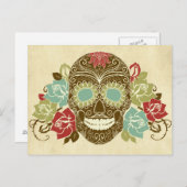 Rozen en schedel, kleurrijke dag van de dode kaart (Voorkant / Achterkant)