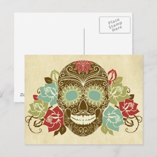 Rozen en schedel, kleurrijke dag van de dode kaart (Voorkant / Achterkant)