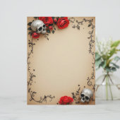 Rozen en schedel op perkament briefhoofd (Staand voorkant)