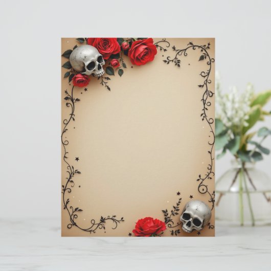 Rozen en schedel op perkament briefhoofd (Staand voorkant)