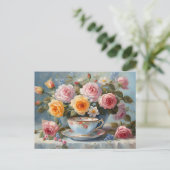 Rozen en theekopje  briefkaart (Staand voorkant)