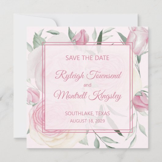 Rozen en tinten roze Save The Date kaart (Voorkant)