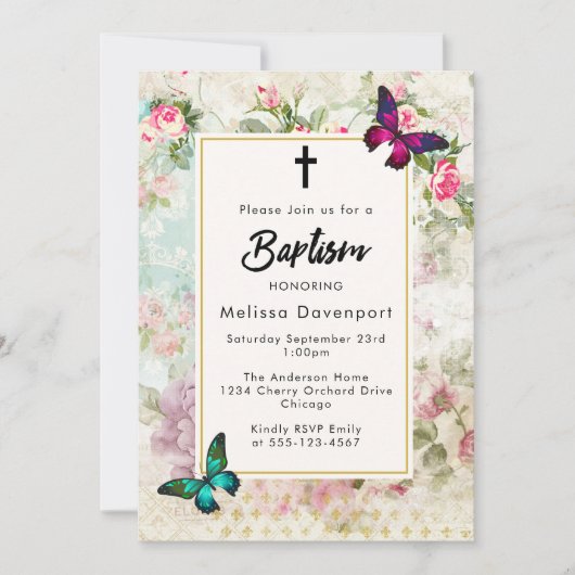  rozen en Vlinders Doop Uitnodigen Kaart (Voorkant)