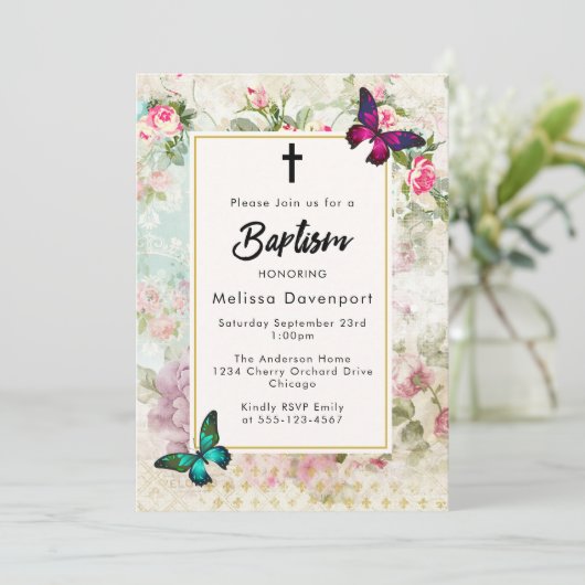 rozen en Vlinders Doop Uitnodigen Kaart (Staand voorkant)
