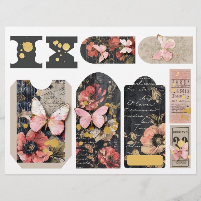 Rozen en vlinders Ephemera Junk Journal Labels (Voorkant)
