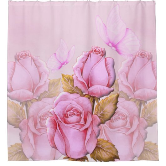 Rozen en vlinders print douchegordijn (Voorkant)