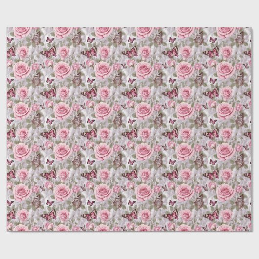 Rozen en vlinders Waterverf Bloemen Cadeaupapier (Vlak)