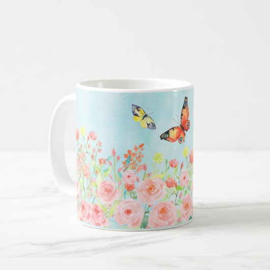 rozen en vlinders, waterverf, mok (Voorkant links)