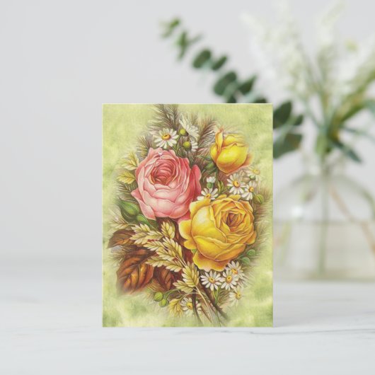  Rozen en White Daisy Flowers Briefkaart (Staand voorkant)