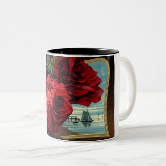  Rozen en zeilboot Tweekleurige Koffiemok (Voorkant rechts)