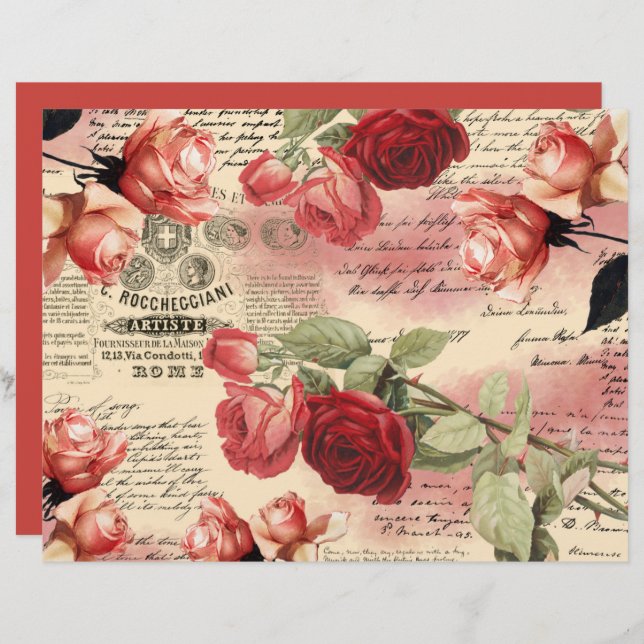  Rozen Ephemera Scrapbook Paper Sheet (Voorkant / Achterkant)