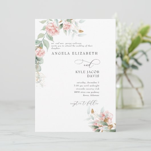 Rozen Eucalyptus Bride ouders bruiloft Kaart (Staand voorkant)