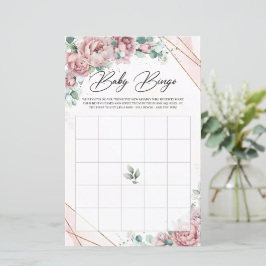 Rozen eucalyptus goud lijst baby bingo (Staand voorkant)