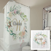 Rozen Floral Elegant Gold Script Monogram Douchegordijn