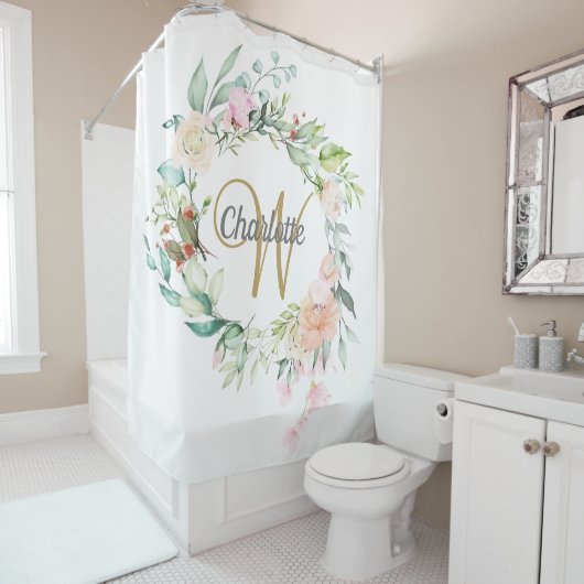 Rozen Floral Elegant Gold Script Monogram Douchegordijn (In situ)