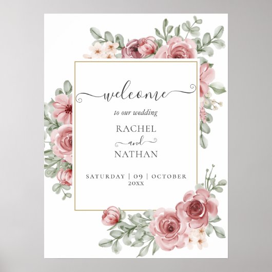 Rozen Floral Elegant Modern Wedding Welkomstbord Poster (Voorkant)