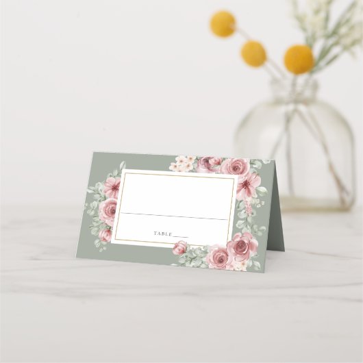 Rozen Floral Elegant Sage Green Wedding Plaatskaartje (Voorkant)