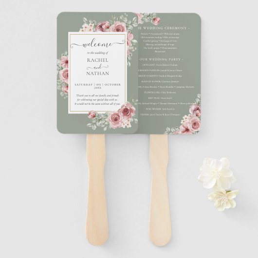 Rozen Floral Elegant Sage Green Wedding Programma Handwaaier (Voorkant en achterkant)