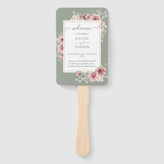 Rozen Floral Elegant Sage Green Wedding Programma Handwaaier (Voorkant)