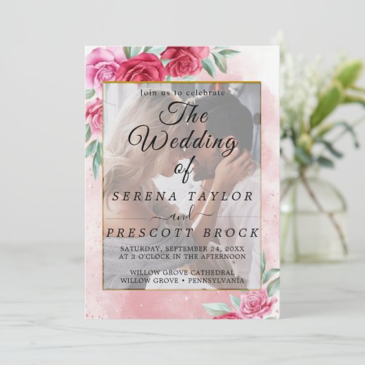 Rozen Floral Elegant Vellum Wedding Invitation Kaart (Staand voorkant)