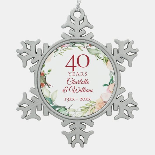 Rozen Floral Garland 40e bruiloft Jubileum Tin Sneeuwvlok Ornament (Voorkant)