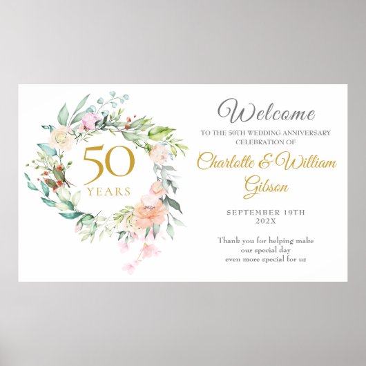 Rozen Floral Garland 50e Jubileum Welkomstbord Poster (Voorkant)
