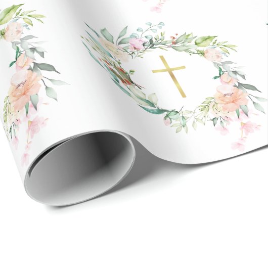 Rozen Floral Garland Christelijk Gold Cross Cadeaupapier (Rol Hoek)