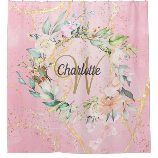 Rozen Floral Gold Script Monogram Geode Agate Douchegordijn (Voorkant)