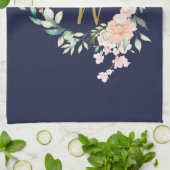 Rozen Floral Gold Script Monogram Navy Blue Theedoek (Gevouwen)