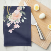 Rozen Floral Gold Script Monogram Navy Blue Theedoek (Quarter Fold)