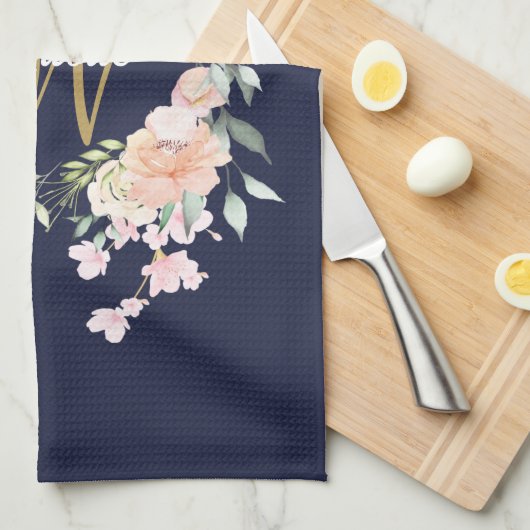Rozen Floral Gold Script Monogram Navy Blue Theedoek (Quarter Fold)