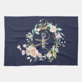 Rozen Floral Gold Script Monogram Navy Blue Theedoek (Horizontaal)
