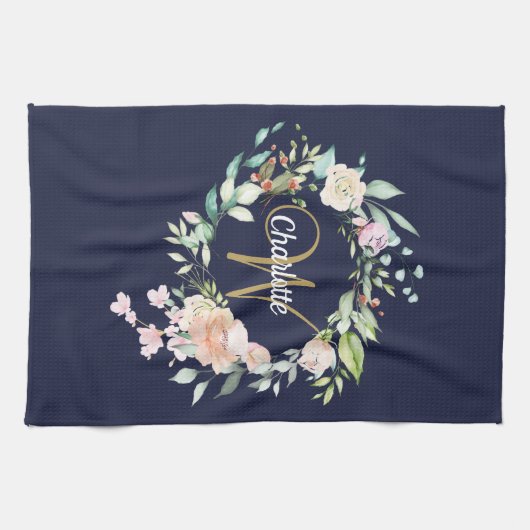 Rozen Floral Gold Script Monogram Navy Blue Theedoek (Horizontaal)
